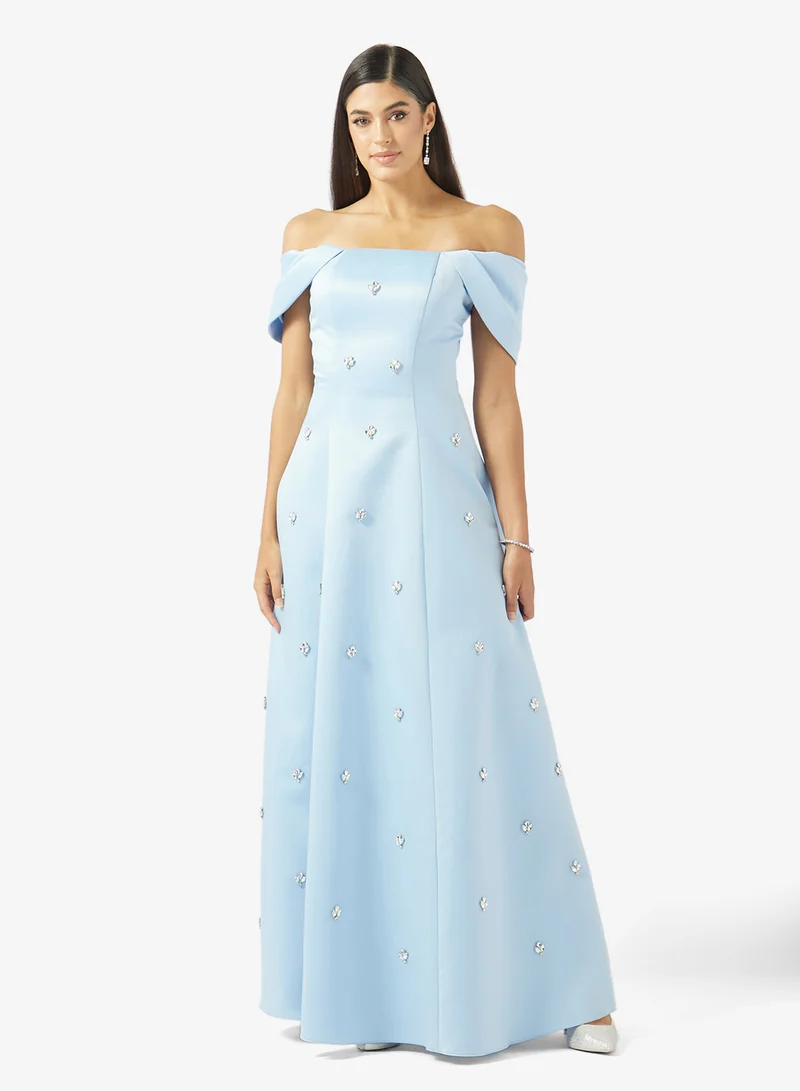 اكاديا فاشن OFF SHOULDER EMBELLISHED A LINE SATIN DRESS