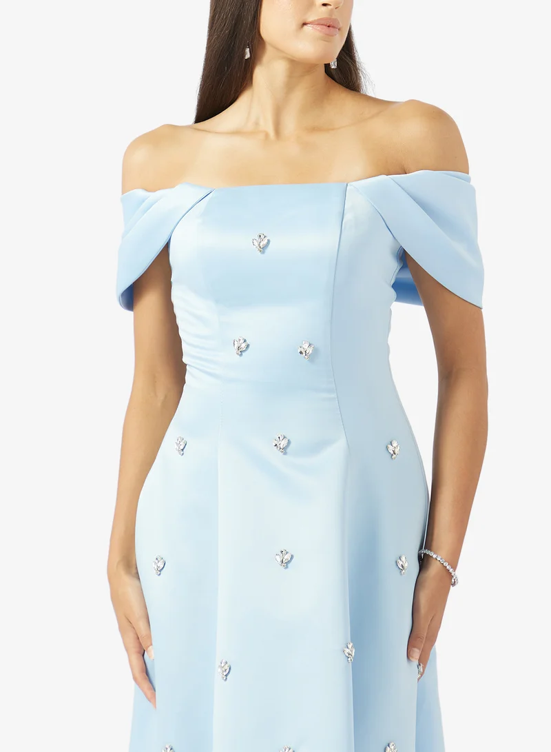 Akadia Fashion  OFF SHOULDER EMBELLISHED A LINE SATIN DRESS for Women | Best Price UAE