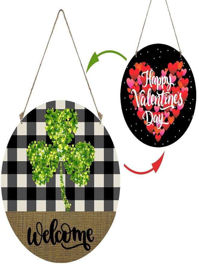 YUNKKIN Valentines Day Door Decor Reversible St Patricks Day Welcome Sign Happy Valentine's Day Heart Decor Buffalo Plaid Shamrock Wreath Hanging Home Decor - Image 1