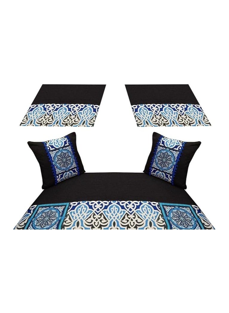 طقم غطاء للكنبه قماش دك في خيامي 5 قطع 1 غطاء كنبه +2 وساده + 2 مسند - اسود x ازرق