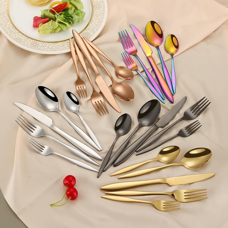 Silverware Flatware Set, 5/20/30/40/50/60 Pieces Stainless Steel Knives, Forks, Spoons, Thickened Steak Knives and Forks, Hotel Tableware Set, Dessert Spoons an,Silver-8Set-40Pcs - Image 2