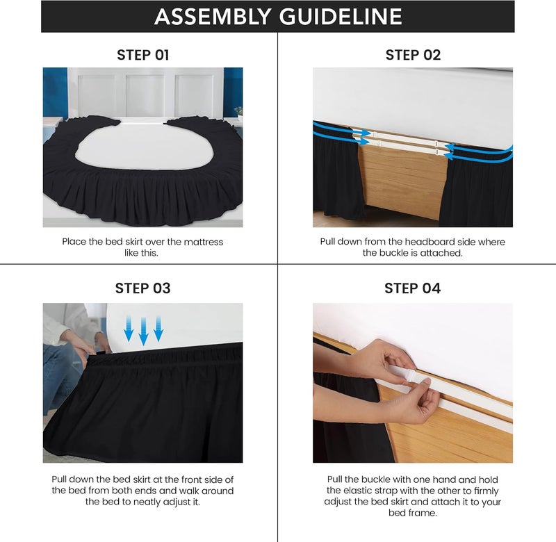 Wrap Around Ruffle Twin Size Bed Skirt – Adjustable Buckle & Elastic Belt for Easy Installation, 15 Inch Drop – Brushed Microfiber - Machine Washable, Fade and Wrinkle Resistant, Black - Image 4