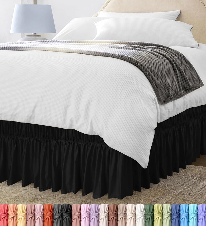 Wrap Around Ruffle Twin Size Bed Skirt – Adjustable Buckle & Elastic Belt for Easy Installation, 15 Inch Drop – Brushed Microfiber - Machine Washable, Fade and Wrinkle Resistant, Black - Image 1