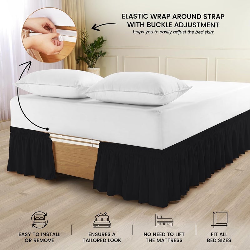 Wrap Around Ruffle Twin Size Bed Skirt – Adjustable Buckle & Elastic Belt for Easy Installation, 15 Inch Drop – Brushed Microfiber - Machine Washable, Fade and Wrinkle Resistant, Black - Image 3