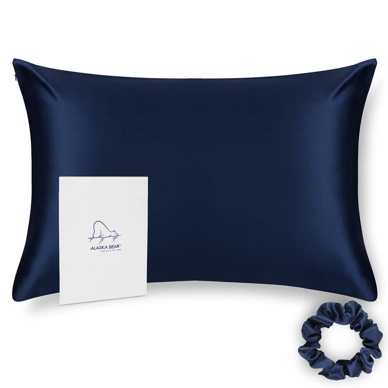 ALASKA BEAR Silk Pillowcase Queen Size Gift Set for Skin and Hair Care Beauty Sleep 100 Percent Organic Mulberry Pillow Slip Case 1pc Navy