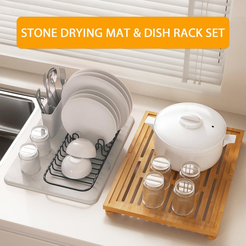Golener Stone Drying Mat for Kitchen Counter, Dish Drying Pad with Bamboo Rack, Super Absorbent Diatomaceous Earth and Drying Rack, Multi-purpose Quick Drying Mat Rack for Kitchen,16â€x12â€,Marble White - Image 3