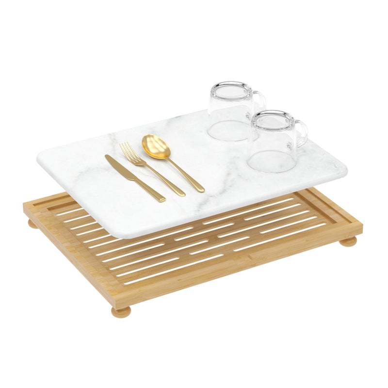 Golener Stone Drying Mat for Kitchen Counter, Dish Drying Pad with Bamboo Rack, Super Absorbent Diatomaceous Earth and Drying Rack, Multi-purpose Quick Drying Mat Rack for Kitchen,16â€x12â€,Marble White - Image 1