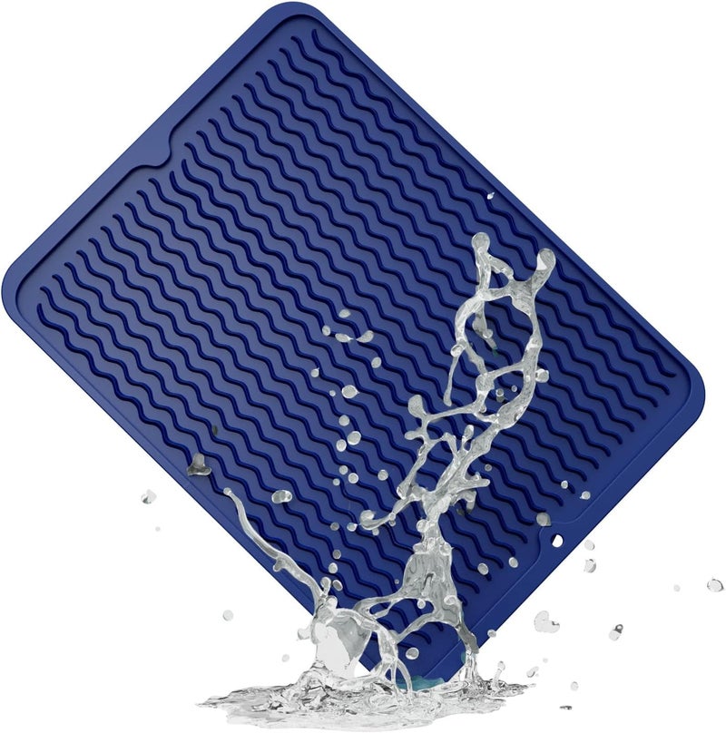 ZLR Silicone Dish Drying Mat for Kitchen Counter (12" x 16" / 307 x 405mm) - Large Fast-Dry Drainer Mat with Raised Wavy Ridges & 5mm Lip - Non-Slip, Heat Resistant 450°F, BPA-Free (Midnight Blue) - Image 1
