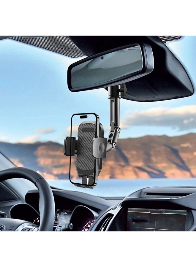 Quyee Phone Holder Car, Rear View Mirror Phone Holder - Aluminum Alloy Mount Multi-Angle Adjustment Rotatable and Retractable Compatible with All 4-7 Inch iPhone and Android Cell Phones - Image 2