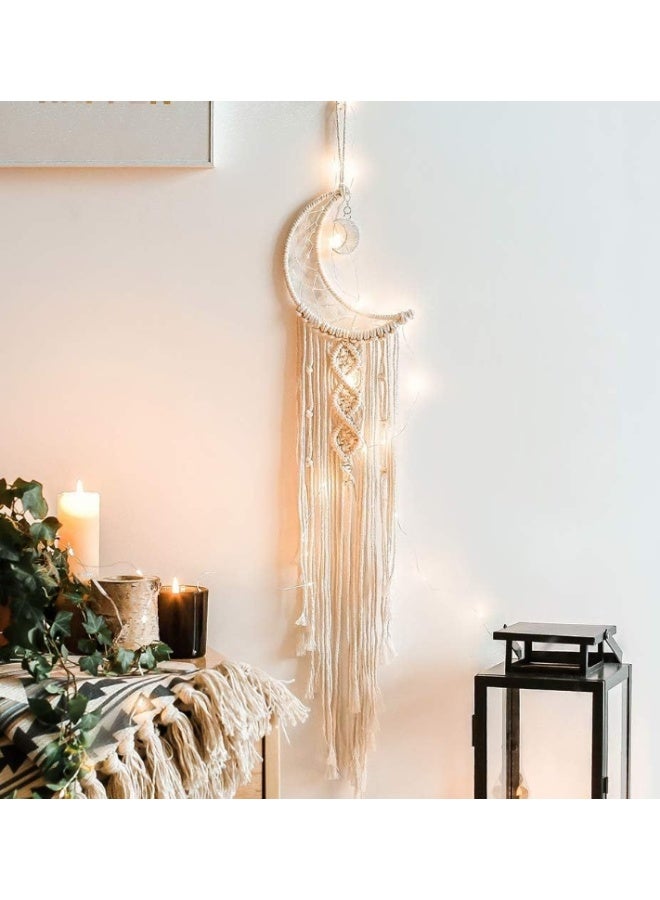OASIS-TH Boho Woven Wall Hanging, Crochet Crescent Moon Star DreamCatcher with Long Tassel- White Cotton Cord Handmade Bohemian Home Decor Ornament Decoration Art Craft Gift for Kids Bedroom Dorm Room - Image 1