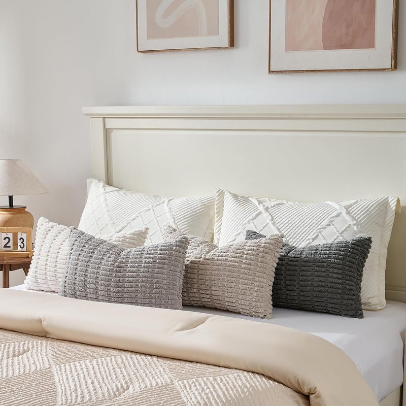 Fancy Homi Set of 4 Grey and White Lumbar Rectangle Decorative Throw Pillow Covers 16x24 Inch for Couch Bed Chair, Aesthetic Boho Room Decor, Soft Fuzzy Thick Corduroy Textured Cushion Case 40x60cm - Image 5