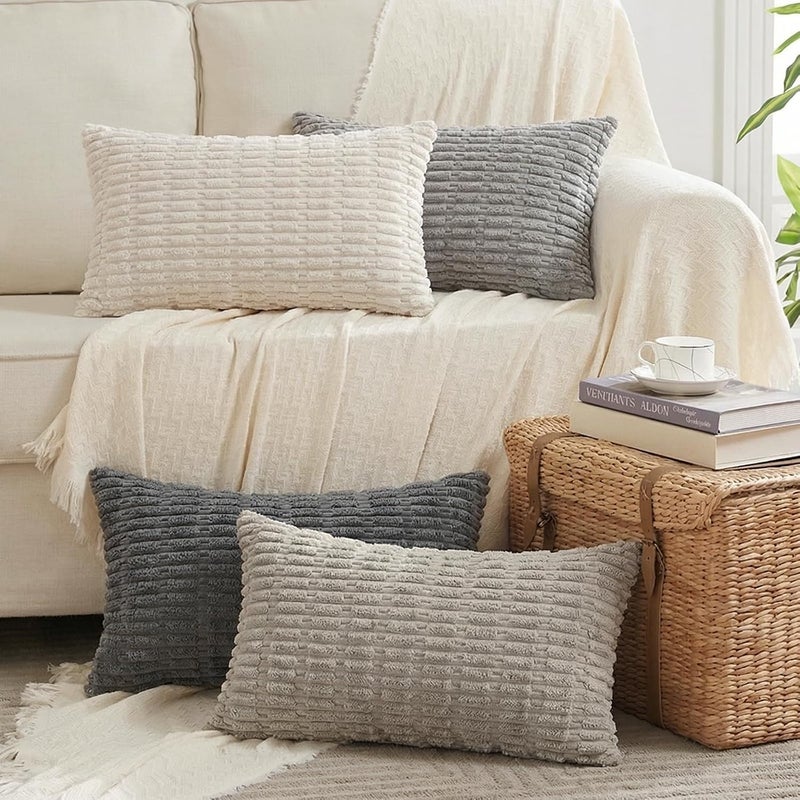 Fancy Homi Set of 4 Grey and White Lumbar Rectangle Decorative Throw Pillow Covers 16x24 Inch for Couch Bed Chair, Aesthetic Boho Room Decor, Soft Fuzzy Thick Corduroy Textured Cushion Case 40x60cm - Image 1