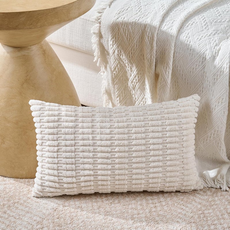 Fancy Homi Set of 4 Grey and White Lumbar Rectangle Decorative Throw Pillow Covers 16x24 Inch for Couch Bed Chair, Aesthetic Boho Room Decor, Soft Fuzzy Thick Corduroy Textured Cushion Case 40x60cm - Image 2