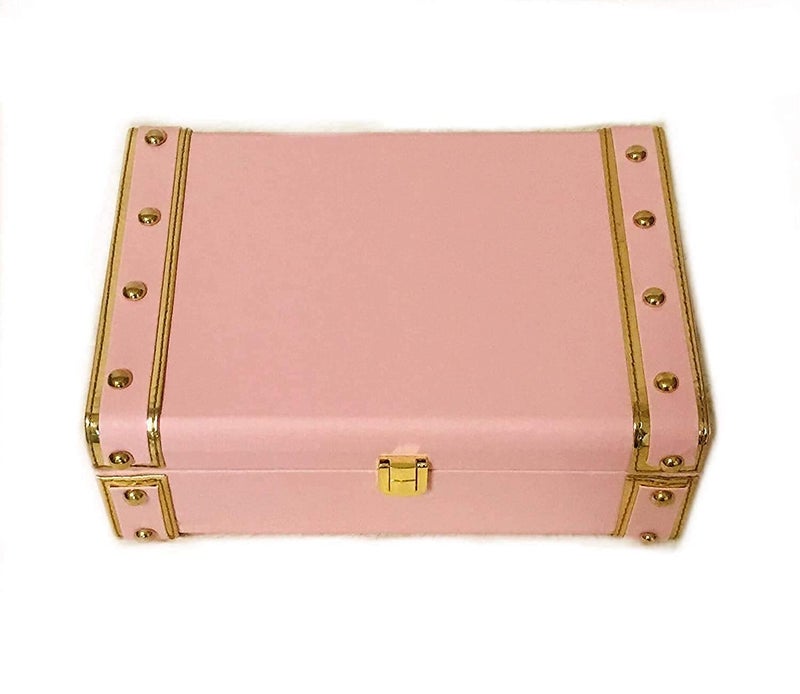 ELTON CRAFT ELTON CRAFT Wooden Decorative box Rectangular Trunk Box with Golden Lock and Golden Borders Synthetic Leather Finish Gift Box Pink 4x7x10 inches - Image 1