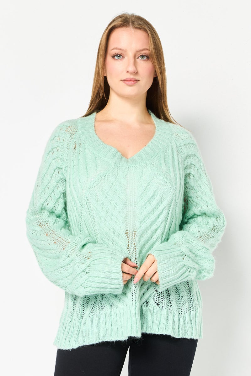 SELECTED Women Round Neck Knitted Sweater, Mint Green - Image 1