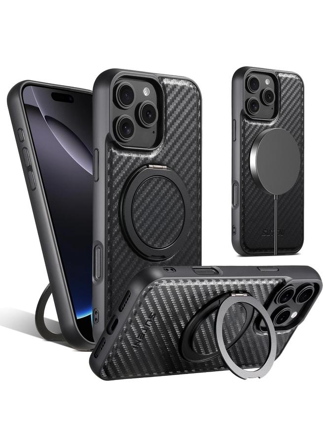 Suteni Case For iPhone 16 Pro G3 Carbon Fiber Leather 360 Rotation Holder MagSafe Phone Case - Image 1