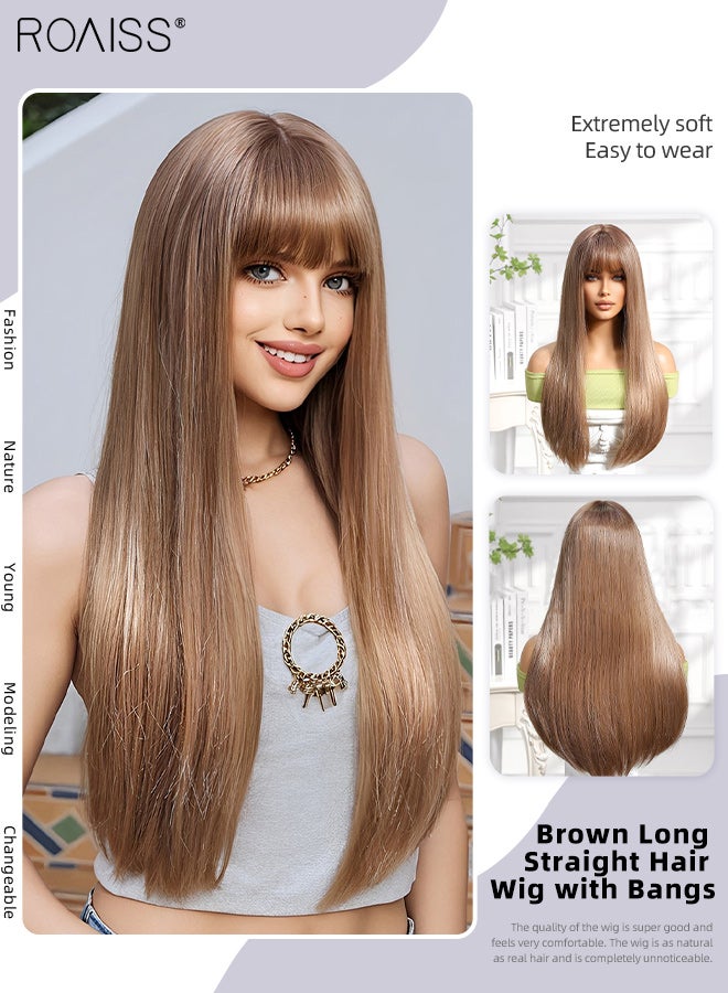 roaiss Women's Fashion Brown Long Straight Hair Wig with Bangs, Natural Soft Synthetic Fiber Heat Resistant Wig, Suitable for Wedding Cosplay Party Daily Wear, 71cm (28 inches) - Image 1