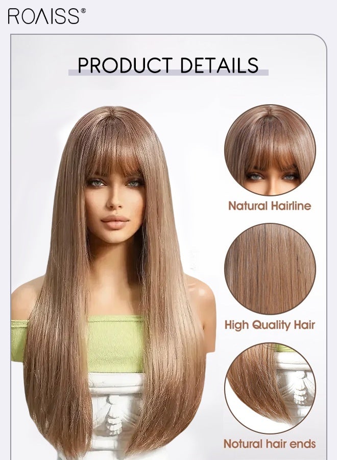roaiss Women's Fashion Brown Long Straight Hair Wig with Bangs, Natural Soft Synthetic Fiber Heat Resistant Wig, Suitable for Wedding Cosplay Party Daily Wear, 71cm (28 inches) - Image 5