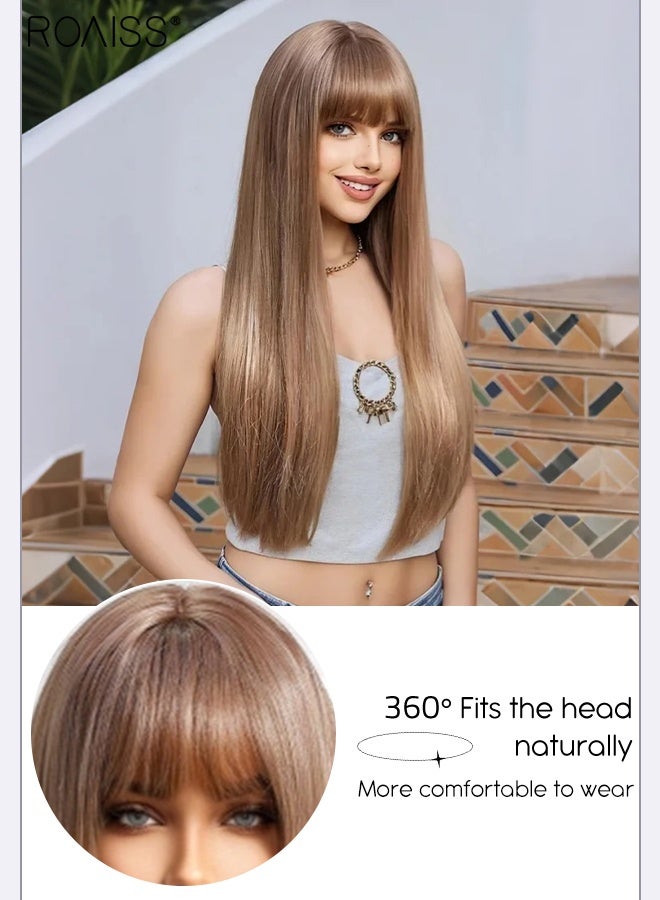 roaiss Women's Fashion Brown Long Straight Hair Wig with Bangs, Natural Soft Synthetic Fiber Heat Resistant Wig, Suitable for Wedding Cosplay Party Daily Wear, 71cm (28 inches) - Image 3