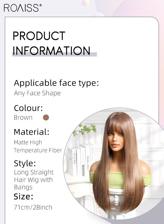 roaiss Women's Fashion Brown Long Straight Hair Wig with Bangs, Natural Soft Synthetic Fiber Heat Resistant Wig, Suitable for Wedding Cosplay Party Daily Wear, 71cm (28 inches) - Image 4