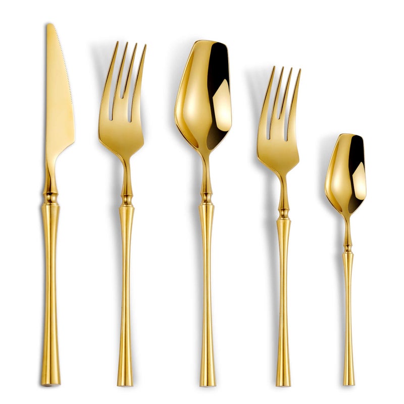 Lemeya 20Piece Gold Silverware Set for 4Modern 1810 Stainless Steel Flatware SetUnique Rustic Cutlery Utensils SetSpoon and Fork Set for Home RestaurantWeddingMirror PolishedDishwasher Safe