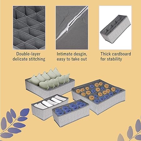 Vitzie Vitzie 58 Cell Drawer Organizers Underwear Closet Lingerie Storage Foldable Socks Wardrobe Bins Divider Cubes for Cloths Ties Handerchiefs Bra Panty Shelves Grey - Image 3