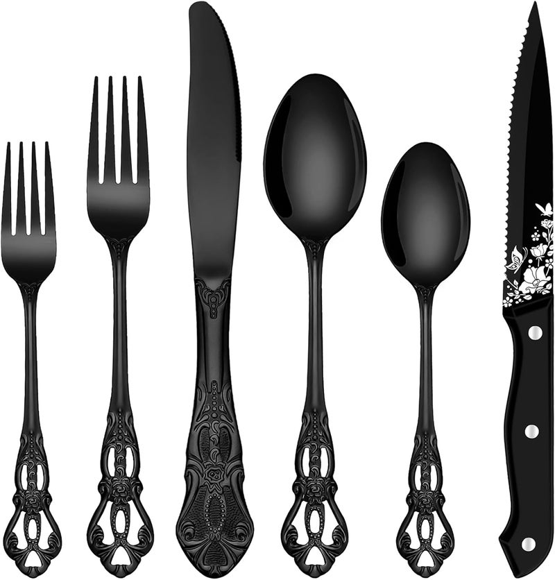 EUIRIO 48 Pieces Royal Black Silverware Set for 8, Retro Gorgeous Flatware Set with Steak Knives, Premium Stainless Steel Vintage Cutlery Set with Forks Spoons and Knives, Dishwasher Safe - Image 1