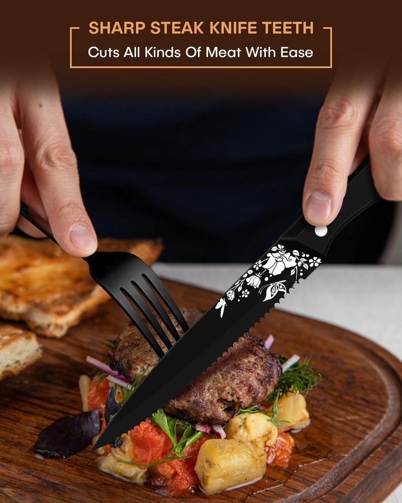 EUIRIO 48 Pieces Royal Black Silverware Set for 8, Retro Gorgeous Flatware Set with Steak Knives, Premium Stainless Steel Vintage Cutlery Set with Forks Spoons and Knives, Dishwasher Safe - Image 4