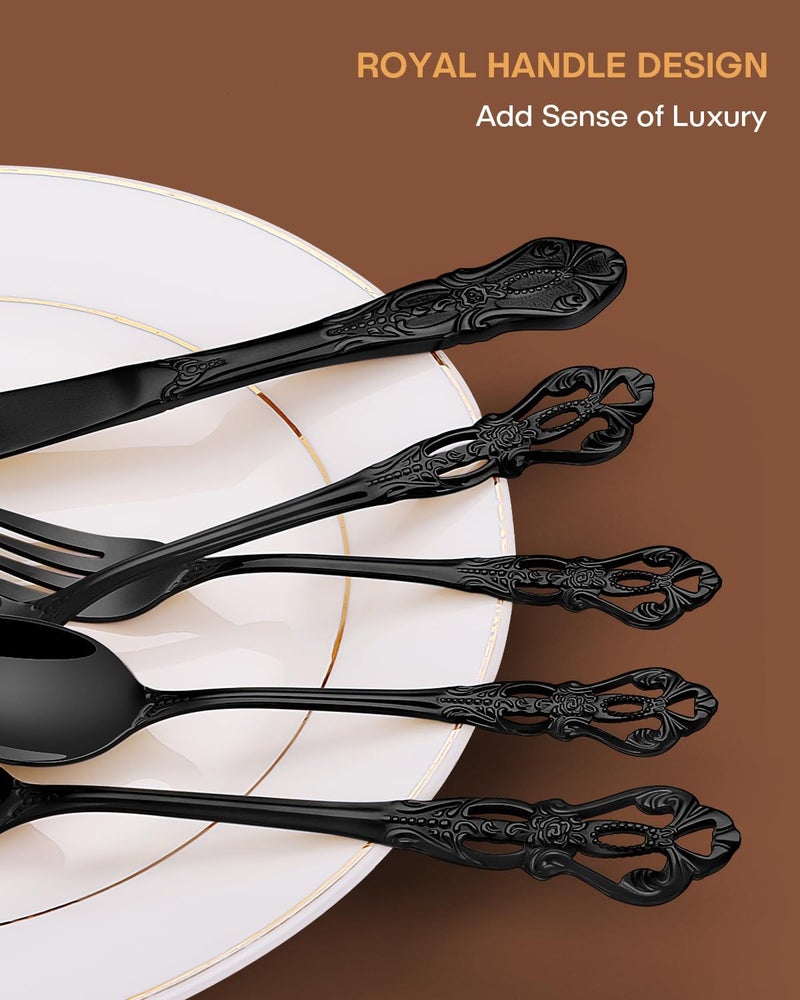 EUIRIO 48 Pieces Royal Black Silverware Set for 8, Retro Gorgeous Flatware Set with Steak Knives, Premium Stainless Steel Vintage Cutlery Set with Forks Spoons and Knives, Dishwasher Safe - Image 3