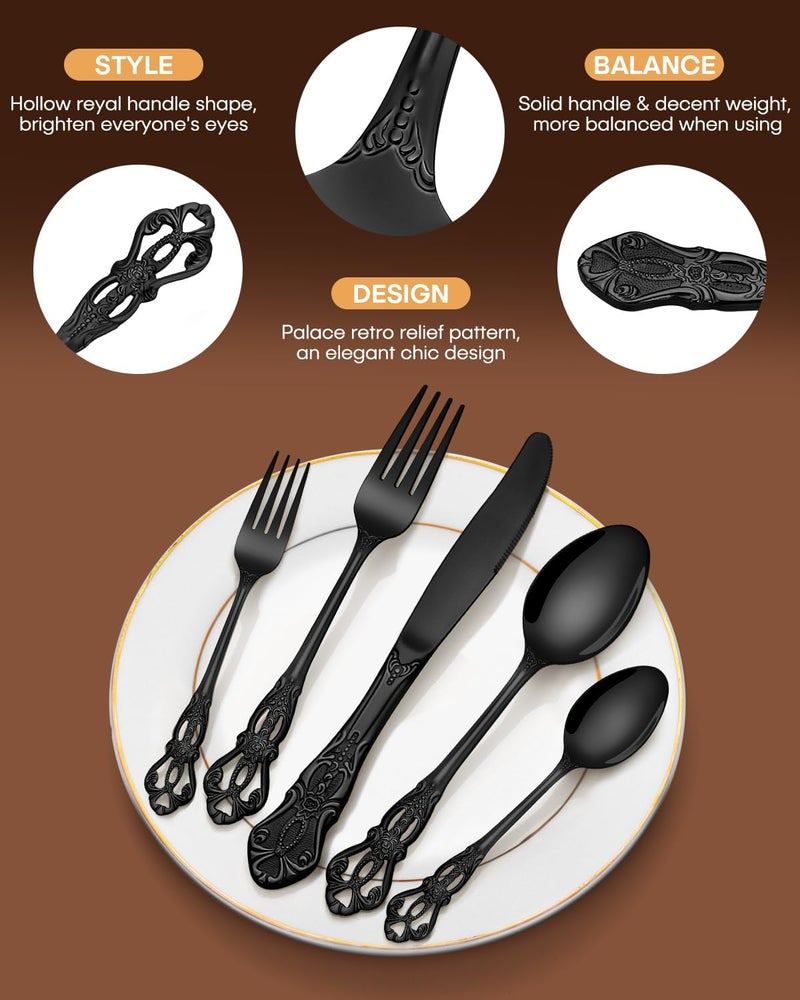 EUIRIO 48 Pieces Royal Black Silverware Set for 8, Retro Gorgeous Flatware Set with Steak Knives, Premium Stainless Steel Vintage Cutlery Set with Forks Spoons and Knives, Dishwasher Safe - Image 2