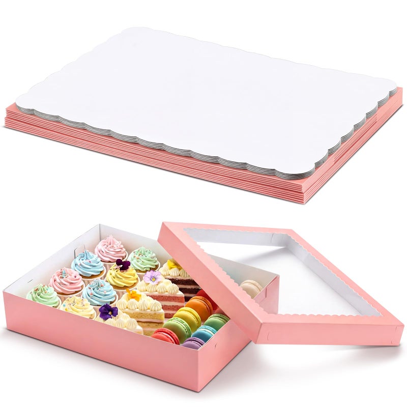 Sinload 10 Pcs 19x14x4 Inch Half Sheet Cake Boxes 5pcs Large Rectangle Bakery Boxes with 5pcs Cake Boards for Pastry Baking, Cupcakes, Donuts, Cookies, Pie Treat Packaging (Pink) - Image 1