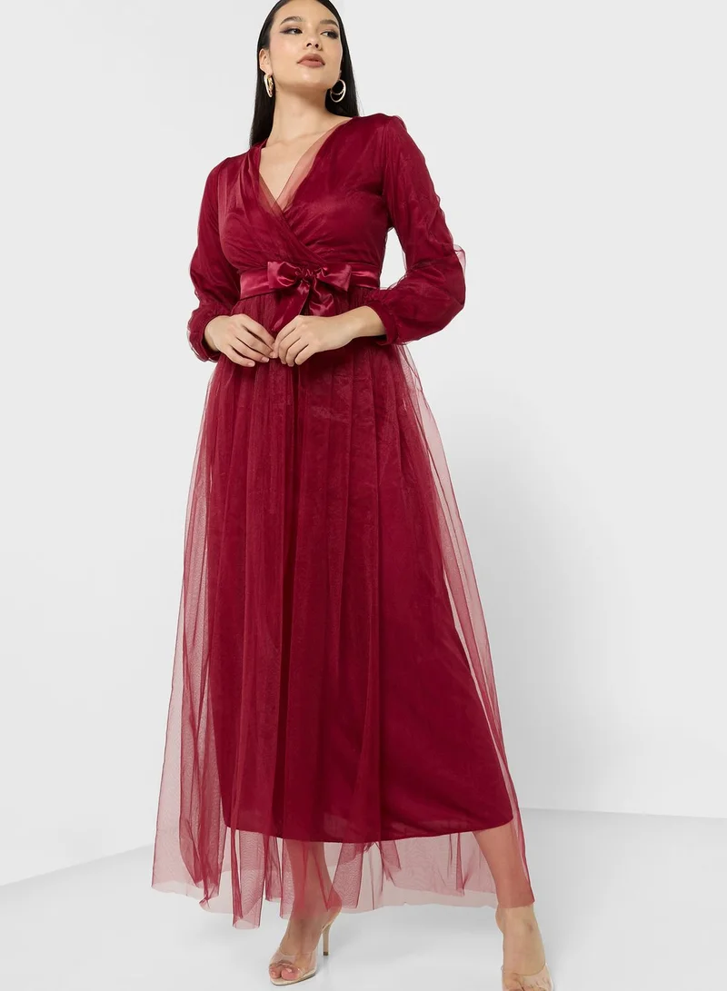 Khizana Surplice Neck Tulle Dress