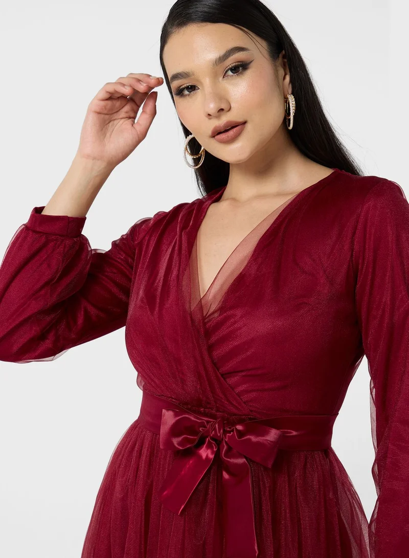 Khizana Surplice Neck Tulle Dress