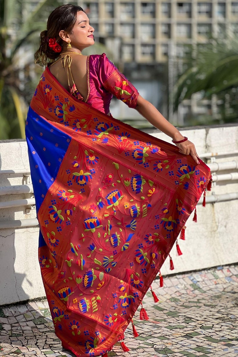 SGF11 Women's Kanjivaram Paithani Soft Silk Sarees With Unstitched Blouse Piece (Royal Blue) - Image 4