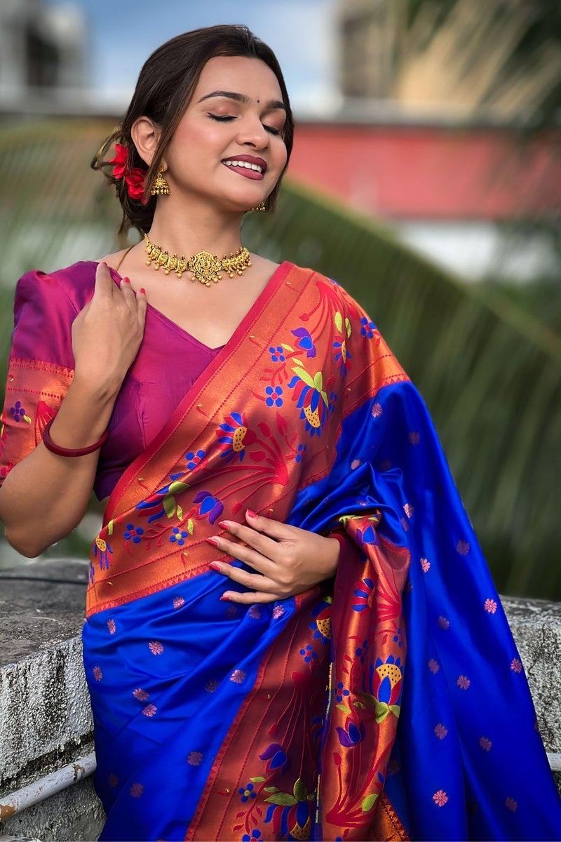 SGF11 Women's Kanjivaram Paithani Soft Silk Sarees With Unstitched Blouse Piece (Royal Blue) - Image 5