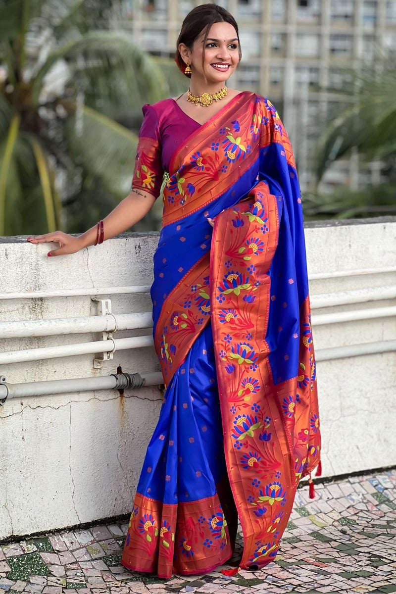 SGF11 Women's Kanjivaram Paithani Soft Silk Sarees With Unstitched Blouse Piece (Royal Blue) - Image 2