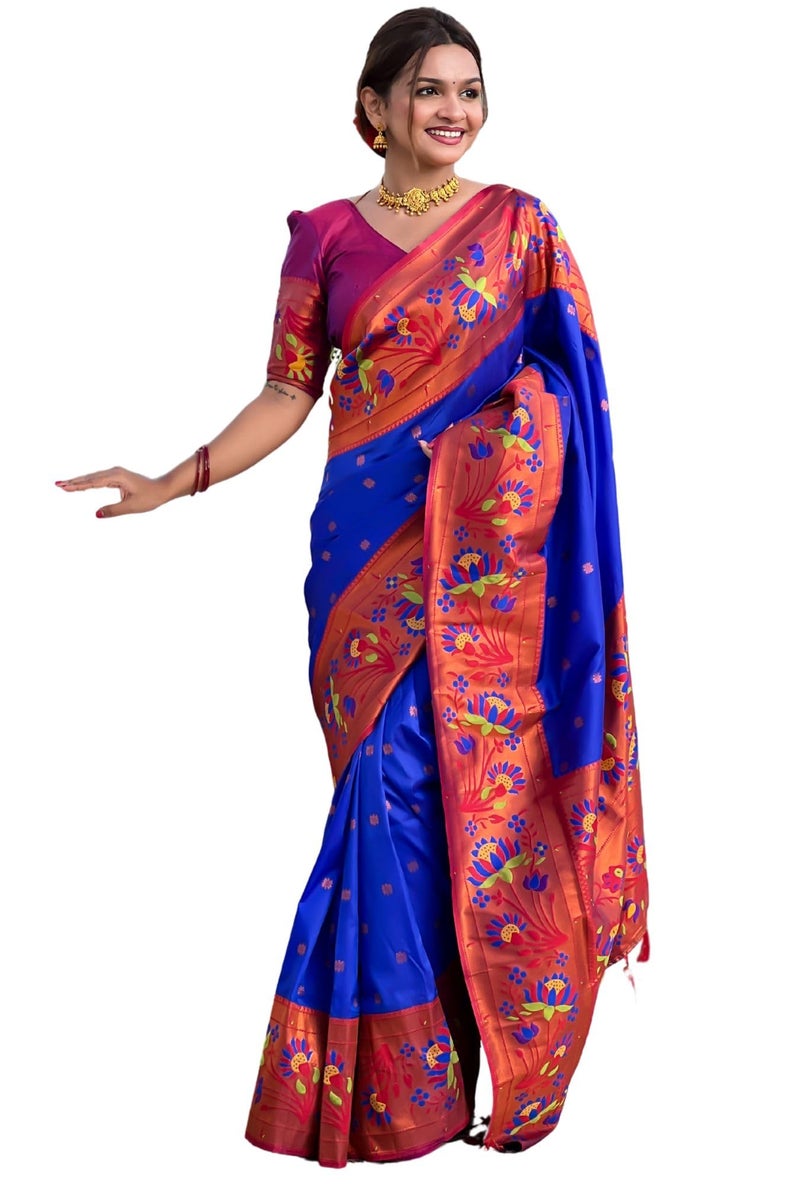 SGF11 Women's Kanjivaram Paithani Soft Silk Sarees With Unstitched Blouse Piece (Royal Blue) - Image 1
