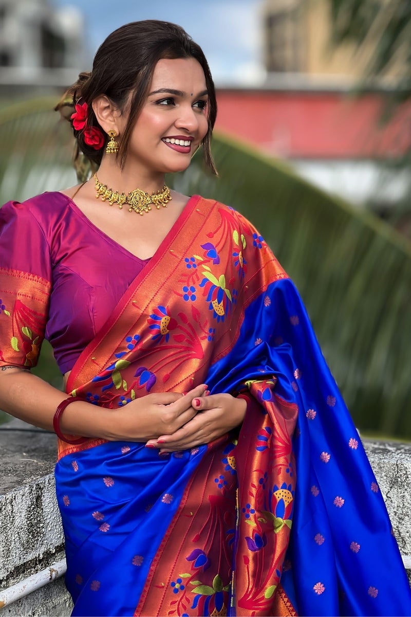 SGF11 Women's Kanjivaram Paithani Soft Silk Sarees With Unstitched Blouse Piece (Royal Blue) - Image 3