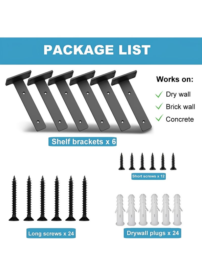 Heavy Duty Shelf Brackets 8 Inch (20 cm), 6 Pcs L-Shaped Metal Wall Shelf Support Brackets with Screws, Industrial Floating Shelf Bracket for Wall Mount - Image 3
