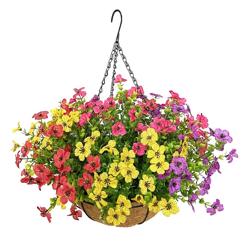 Lesrant Artificial Flowers in BasketArtificial Hanging Baskets with Flowers for Outdoor Indoor Courtyard Decor12 inch Coconut Lining Basket for Patio Garden Porch Deck Decoration