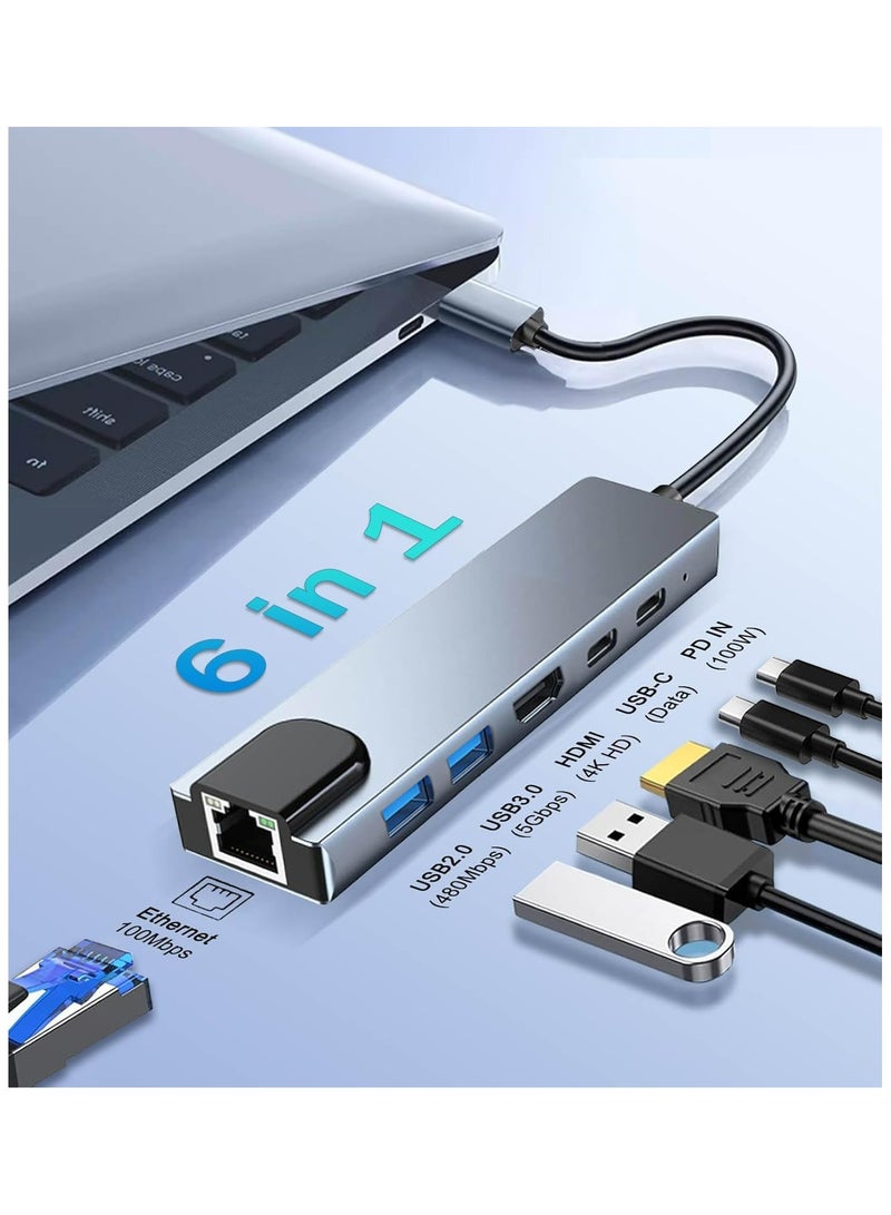 6-in-1 USB C Hub, Multiport Ethernet Adapter with 4K HDMI, RJ45 Ethernet Port, USB 3.0/2.0, USB C, PD100W, Suitable for MacBook Pro/Air, iPad Pro, Dell XPS, etc - Image 1