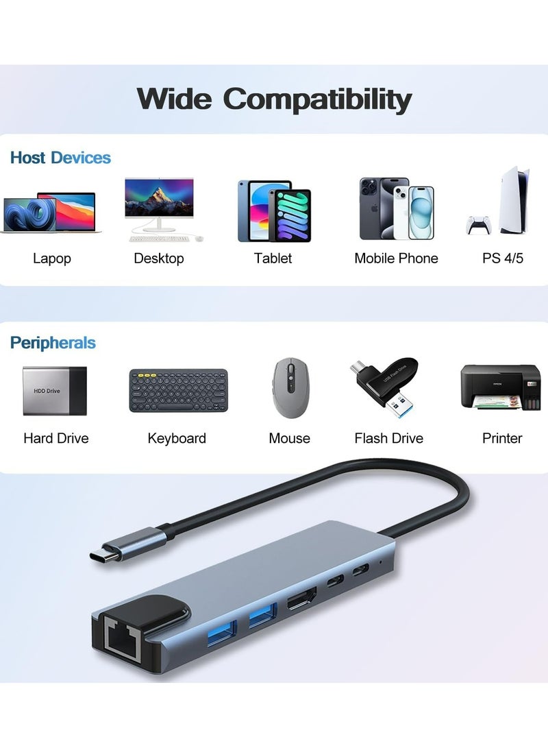 6-في-1 USB C Hub ، محول إيثرنت متعدد الموانئ مع 4K HDMI ، منفذ إيثرنت RJ45 ، USB 3.0 / 2.0 ، USB C ، PD100W ، مناسب لـ MacBook Pro / Air ، iPad Pro ، Dell XPS ، إلخ - Image 4