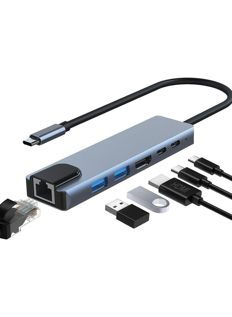 6-في-1 USB C Hub ، محول إيثرنت متعدد الموانئ مع 4K HDMI ، منفذ إيثرنت RJ45 ، USB 3.0 / 2.0 ، USB C ، PD100W ، مناسب لـ MacBook Pro / Air ، iPad Pro ، Dell XPS ، إلخ - Image 3