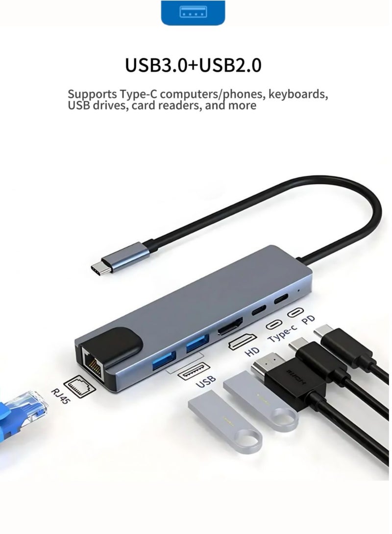 6-في-1 USB C Hub ، محول إيثرنت متعدد الموانئ مع 4K HDMI ، منفذ إيثرنت RJ45 ، USB 3.0 / 2.0 ، USB C ، PD100W ، مناسب لـ MacBook Pro / Air ، iPad Pro ، Dell XPS ، إلخ - Image 1