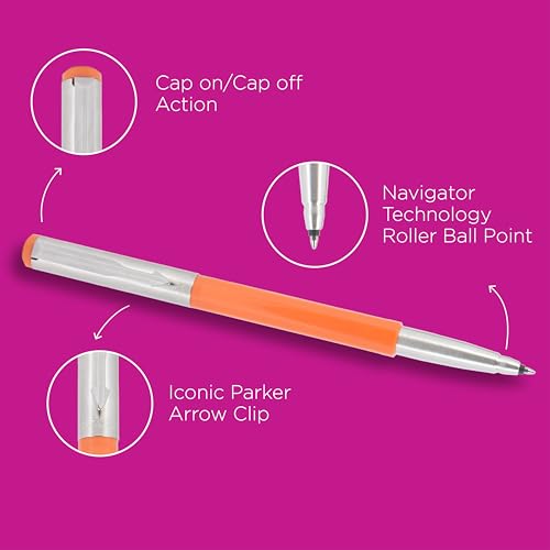 Parker Vector Metallix Chrome Trim Roller Ball Pen and Notebook, Orange Body, Blue Ink, Medium Point - Ideal Gift Set for Professionals and Students - Image 3