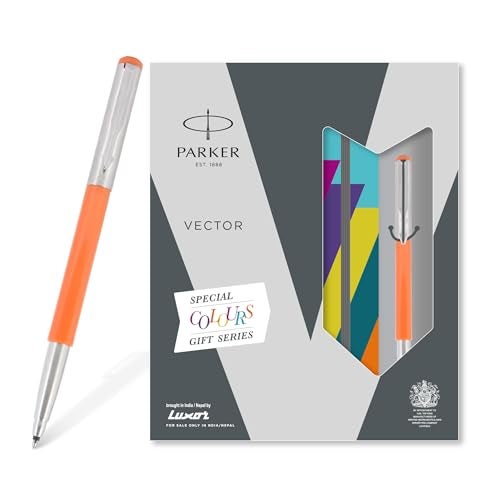 Parker Vector Metallix Chrome Trim Roller Ball Pen and Notebook, Orange Body, Blue Ink, Medium Point - Ideal Gift Set for Professionals and Students - Image 1