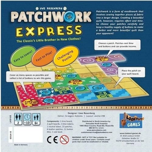 Lookout Patchwork Express Board Game - Fast-Paced Two-Player Quilting Strategy Game! Interactive Puzzle Game for Kids & Adults, Ages 6+, 2 Players, 20 Minute Playtime, Made by Lookout Games - Image 4