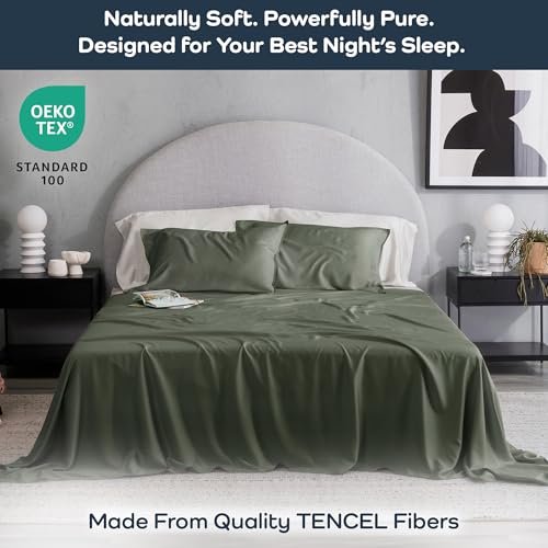 Olive + Crate Eucalyptus Sheets Set – Cooling Sheets for Hot Sleepers – 100% Organic Tencel Lyocell – Queen Size – Hypoallergenic, Moisture-Wicking – Deep Pockets – Soft, Durable 60" x 80" [Moss] - Image 2