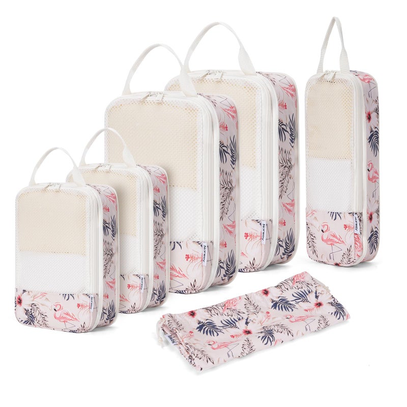 Narwey 6 Set Compression Packing Cubes for Travel Carry on Women, Packing Organizers Bag for Backpack Luggage Suitcase Duffle Bags (Beige Flamingo) - Image 1