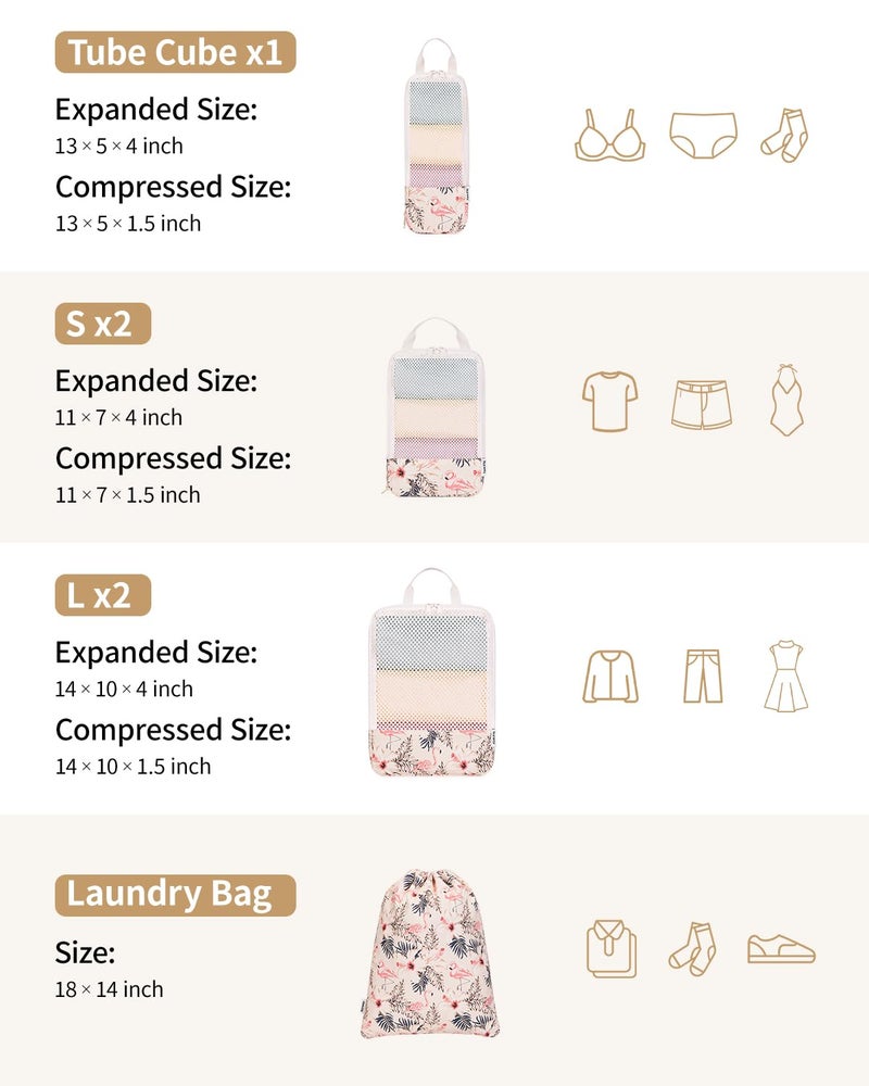 Narwey 6 Set Compression Packing Cubes for Travel Carry on Women, Packing Organizers Bag for Backpack Luggage Suitcase Duffle Bags (Beige Flamingo) - Image 4